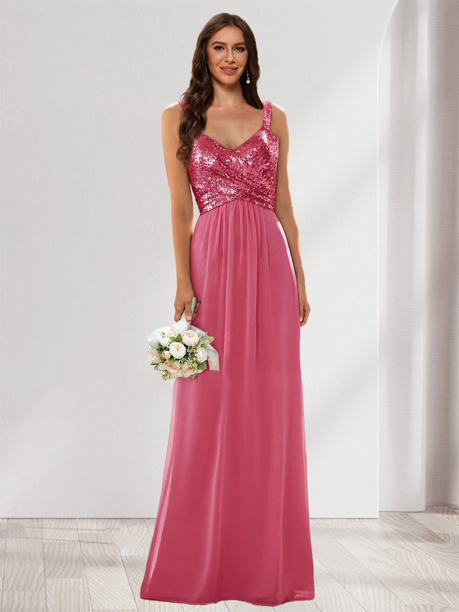 A-Line/Princess V-Neck Sleeveless Sequins Bridesmaid Dresses