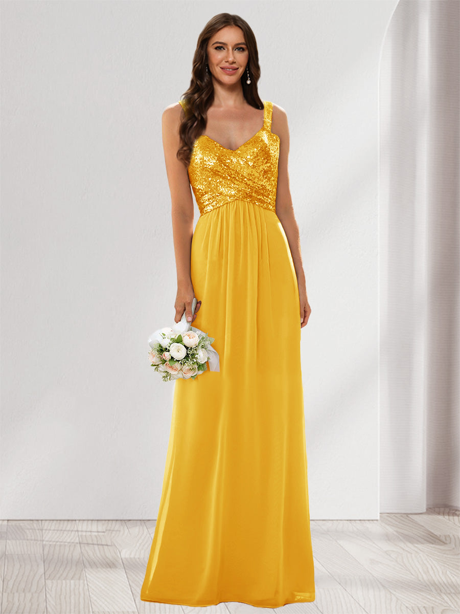 A-Line/Princess V-Neck Sleeveless Sequins Bridesmaid Dresses