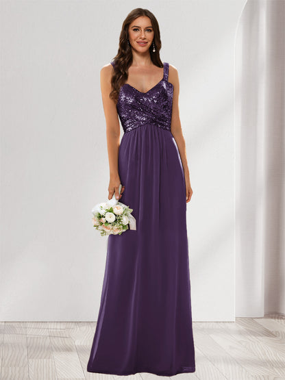 A-Line/Princess V-Neck Sleeveless Sequins Bridesmaid Dresses