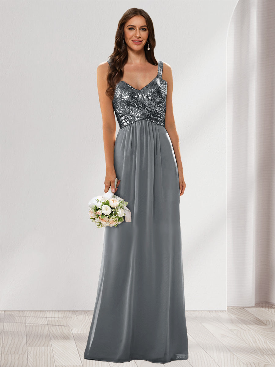 A-Line/Princess V-Neck Sleeveless Sequins Bridesmaid Dresses