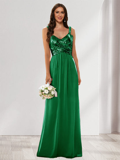 A-Line/Princess V-Neck Sleeveless Sequins Bridesmaid Dresses