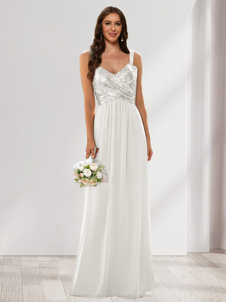 A-Line/Princess V-Neck Sleeveless Sequins Bridesmaid Dresses