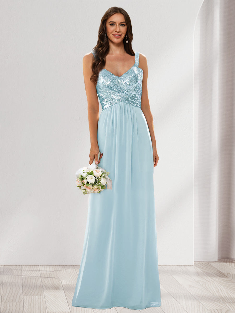 A-Line/Princess V-Neck Sleeveless Sequins Bridesmaid Dresses