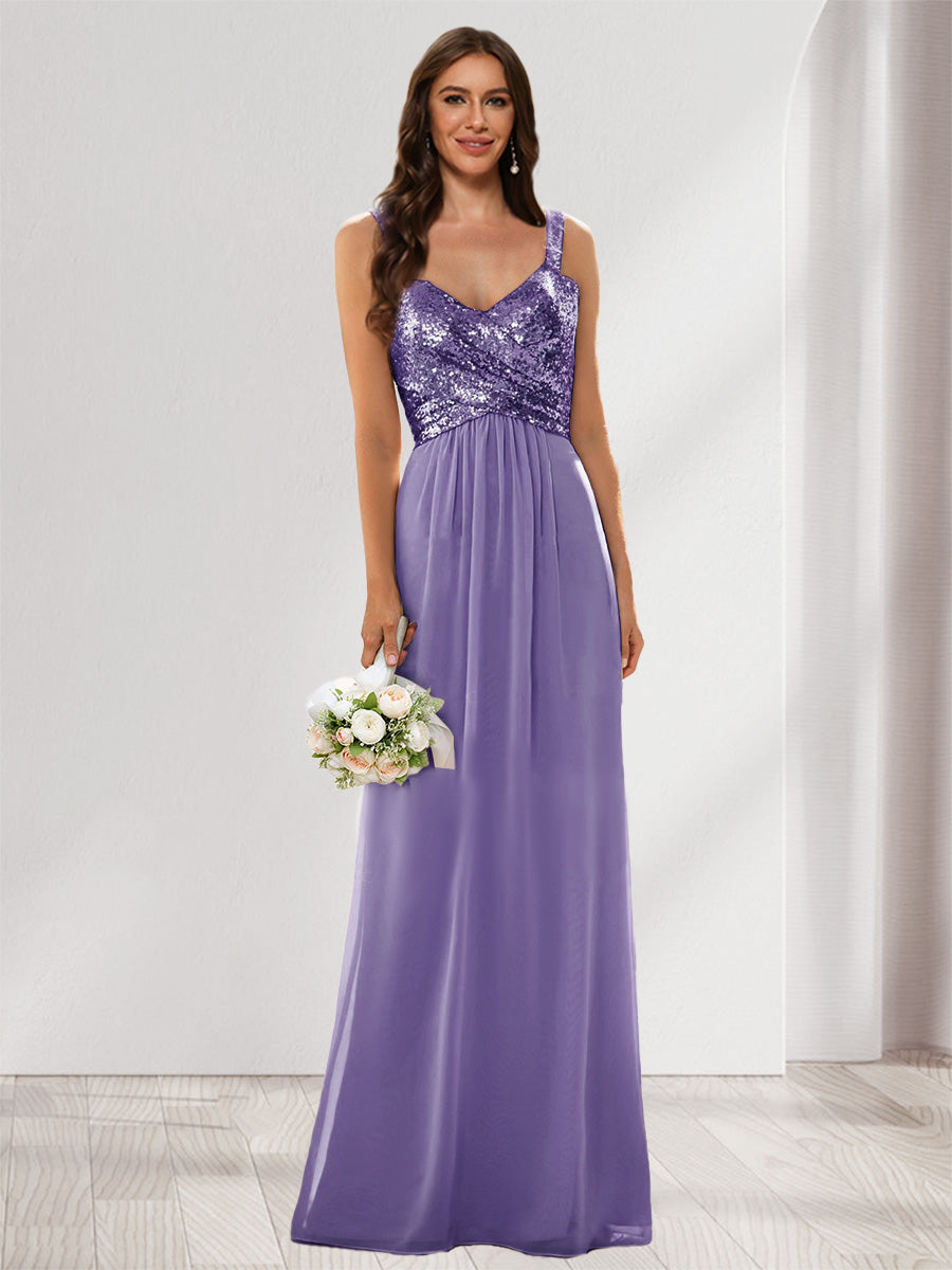 A-Line/Princess V-Neck Sleeveless Sequins Bridesmaid Dresses