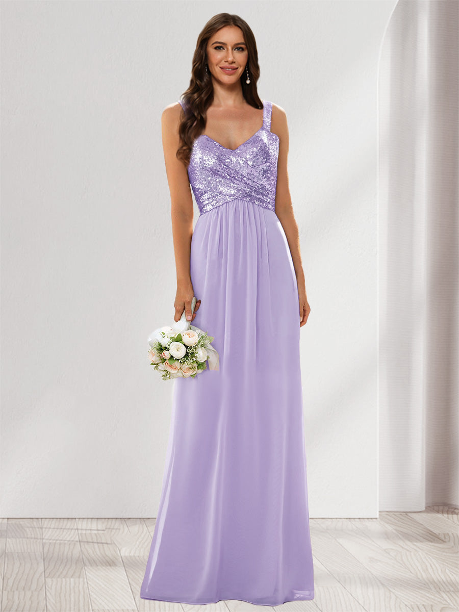 A-Line/Princess V-Neck Sleeveless Sequins Bridesmaid Dresses