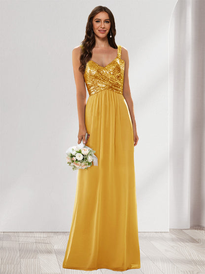 A-Line/Princess V-Neck Sleeveless Sequins Bridesmaid Dresses