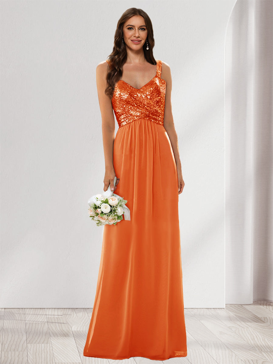 A-Line/Princess V-Neck Sleeveless Sequins Bridesmaid Dresses