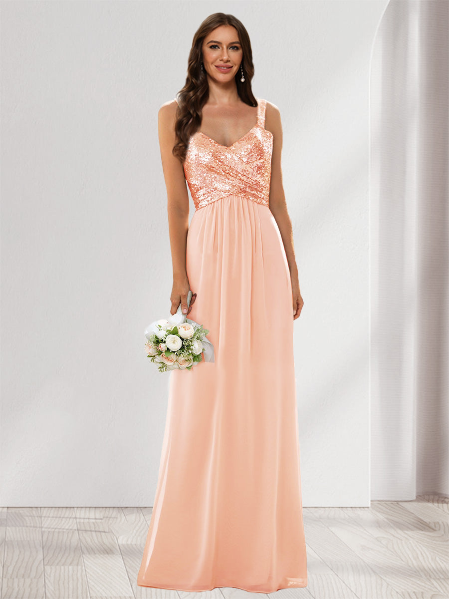 A-Line/Princess V-Neck Sleeveless Sequins Bridesmaid Dresses