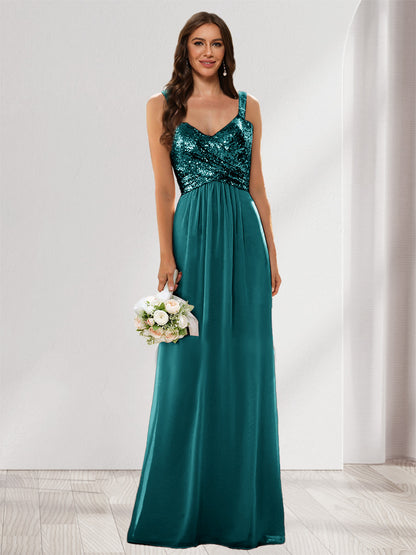 A-Line/Princess V-Neck Sleeveless Sequins Bridesmaid Dresses