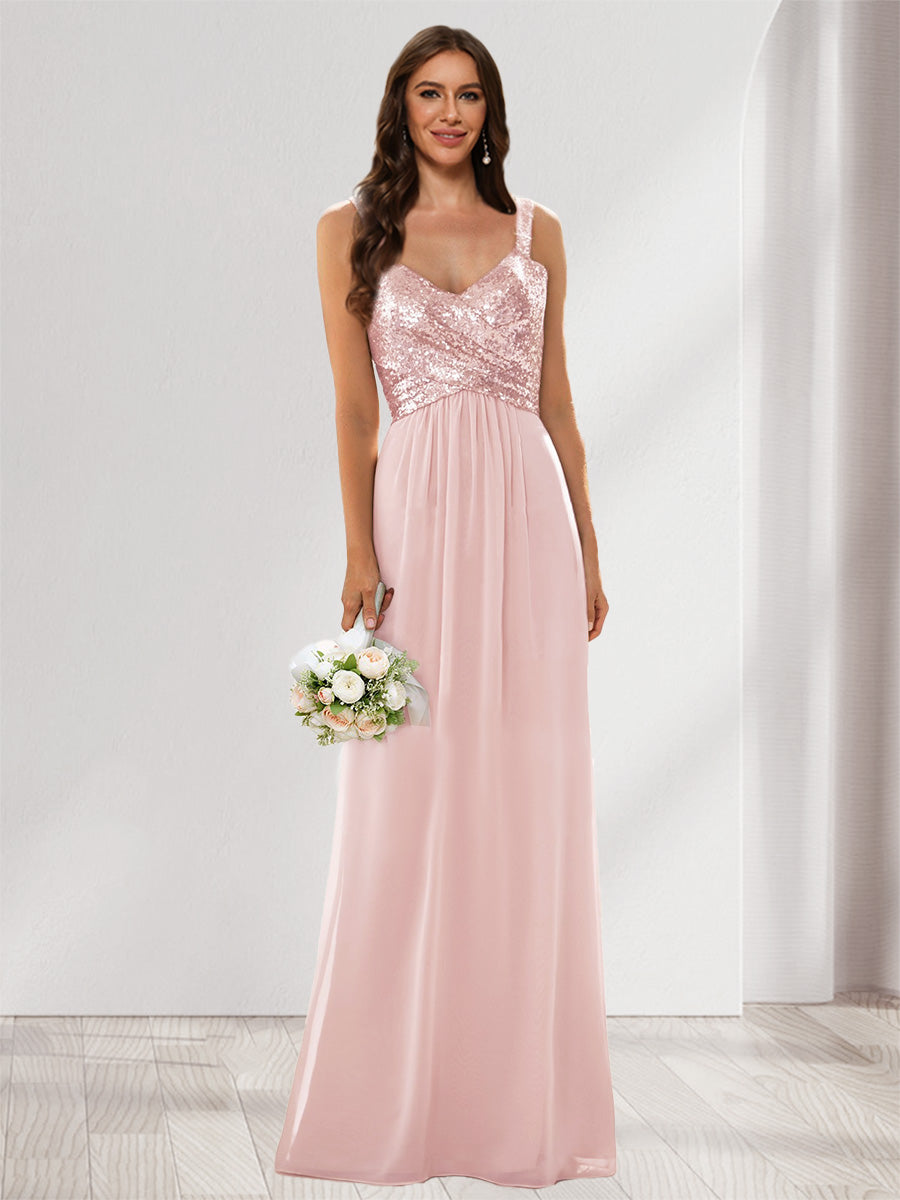 A-Line/Princess V-Neck Sleeveless Sequins Bridesmaid Dresses