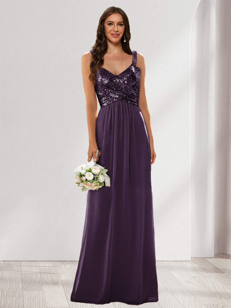 A-Line/Princess V-Neck Sleeveless Sequins Bridesmaid Dresses