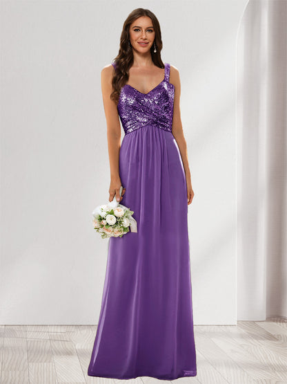 A-Line/Princess V-Neck Sleeveless Sequins Bridesmaid Dresses