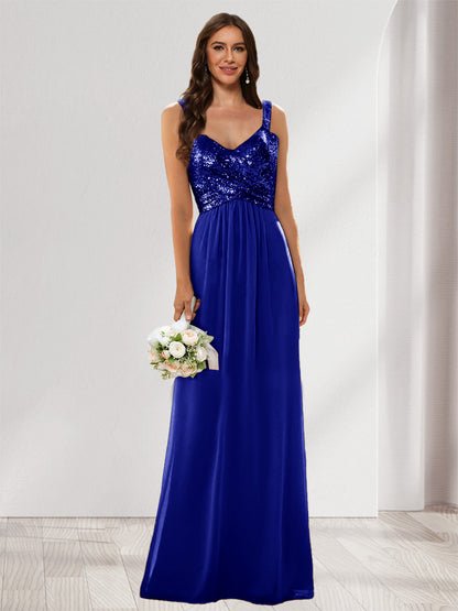 A-Line/Princess V-Neck Sleeveless Sequins Bridesmaid Dresses