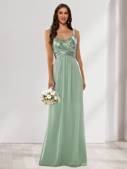 A-Line/Princess V-Neck Sleeveless Sequins Bridesmaid Dresses