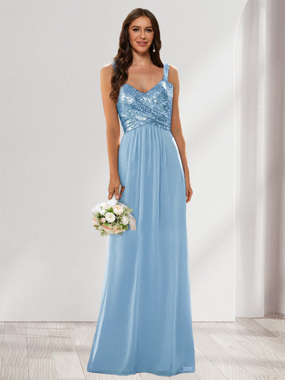 A-Line/Princess V-Neck Sleeveless Sequins Bridesmaid Dresses