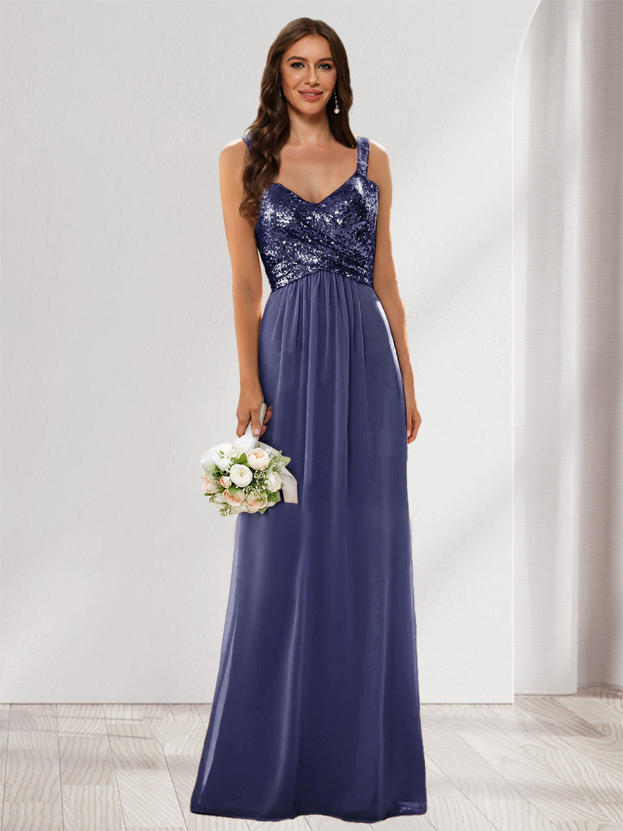 A-Line/Princess V-Neck Sleeveless Sequins Bridesmaid Dresses