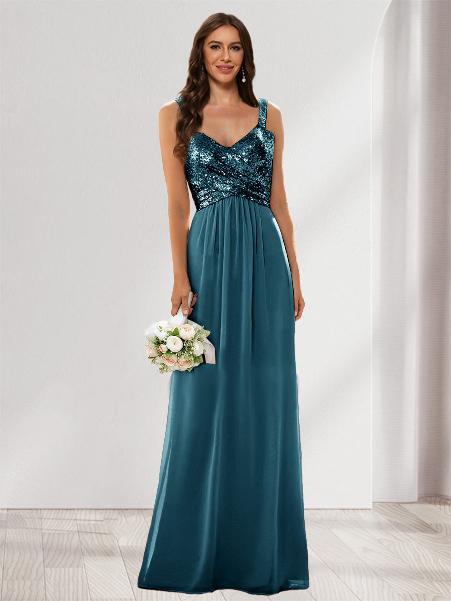 A-Line/Princess V-Neck Sleeveless Sequins Bridesmaid Dresses
