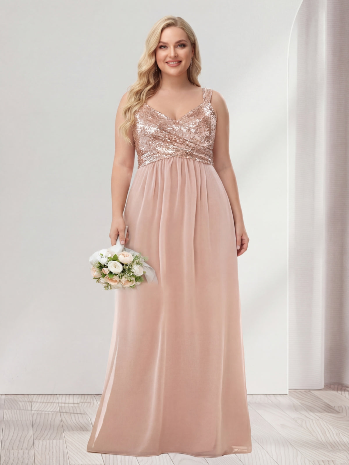A-Line/Princess V-Neck Sleeveless Sequins Plus Size Bridesmaid Dresses