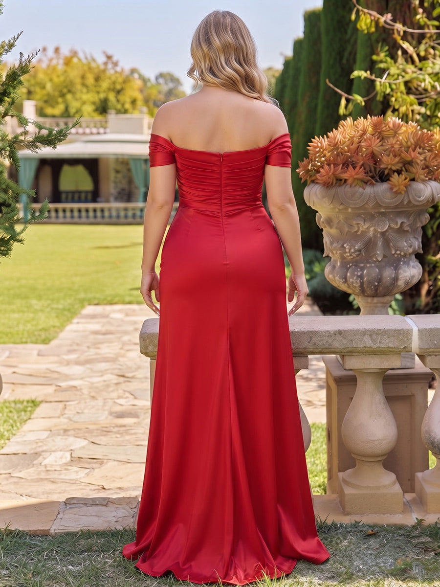 Sheath/Column Off-the-Shoulder Sleeveless Silk Satin Floor-Length Plus Size Bridesmaid Dresses with Split Side & Ruched
