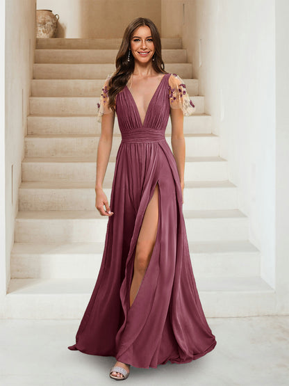 A-Line/Princess V-Neck Short Sleeves Applique Bridesmaid Dresses