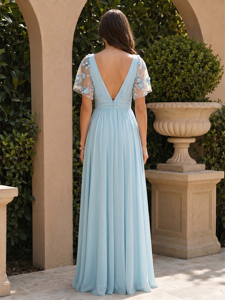 A-Line/Princess V-Neck Short Sleeves Floor-Length Applique Bridesmaid Dresses With Split Side