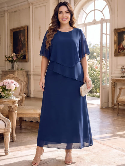 Sheath/Column Scoop Cap Sleeves Chiffon Tea-Length Plus Size Mother of the Bride Dresses with Tiered&Ruffles