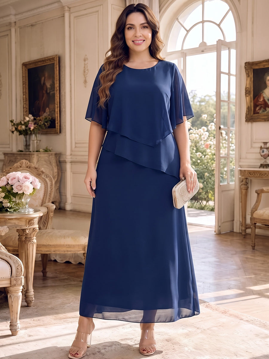 Sheath/Column Scoop Cap Sleeves Chiffon Tea-Length Plus Size Mother of the Bride Dresses with Tiered&Ruffles
