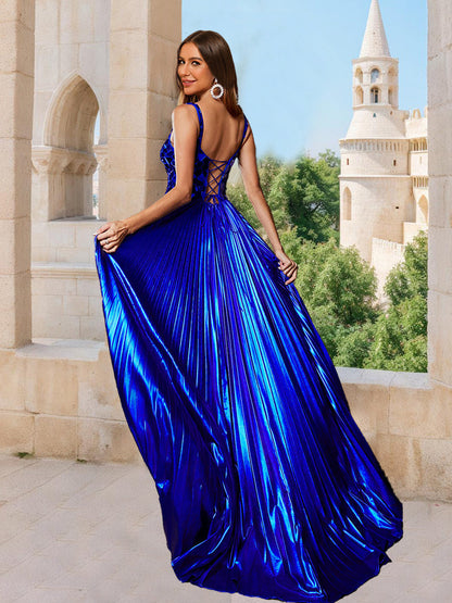 A-Line/Princess Square Neck Sleeveless Split Side Prom Dresses