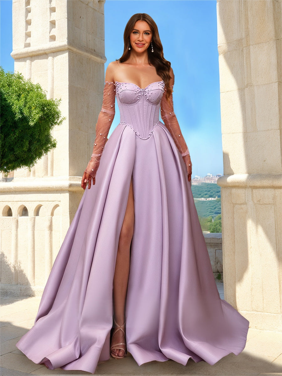 A-Line/Princess Strapless Corset Sheer Long Sleeves Prom Dresses with ...