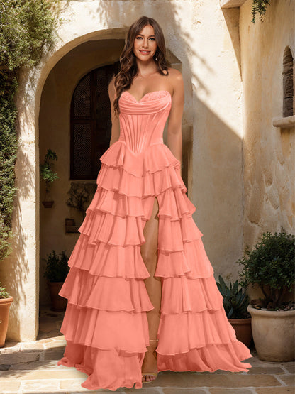 A-Line/Princess Sweetheart Ruffle Tiered Prom Dresses with Split Side