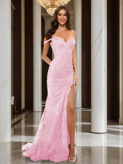 Trumpet/Mermaid Off-the-Shoulder Slit Long Prom Dresses with Sequin Appliques
