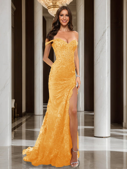 Trumpet/Mermaid Off-the-Shoulder Slit Long Prom Dresses with Sequin Appliques