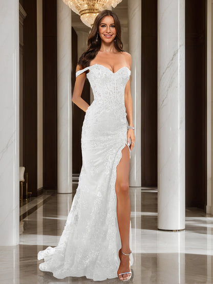 Trumpet/Mermaid Off-the-Shoulder Slit Long Prom Dresses with Sequin Appliques