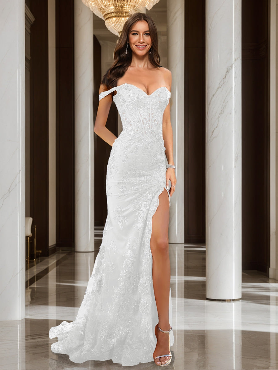 Trumpet/Mermaid Off-the-Shoulder Slit Long Prom Dresses with Sequin Appliques