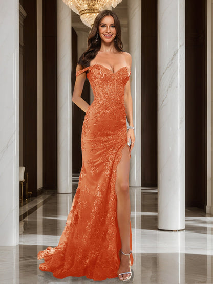 Trumpet/Mermaid Off-the-Shoulder Slit Long Prom Dresses with Sequin Appliques