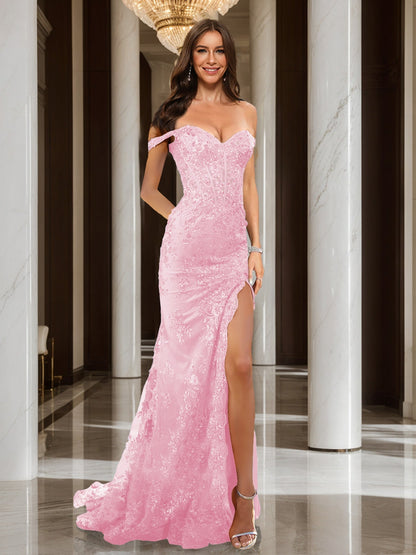 Trumpet/Mermaid Off-the-Shoulder Slit Long Prom Dresses with Sequin Appliques