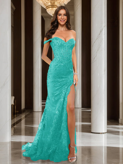 Trumpet/Mermaid Off-the-Shoulder Slit Long Prom Dresses with Sequin Appliques