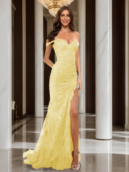 Trumpet/Mermaid Off-the-Shoulder Slit Long Prom Dresses with Sequin Appliques