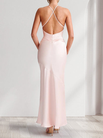 Sheath/Column Spaghetti Straps V-Neck Long Bridesmaid Dresses with Bow
