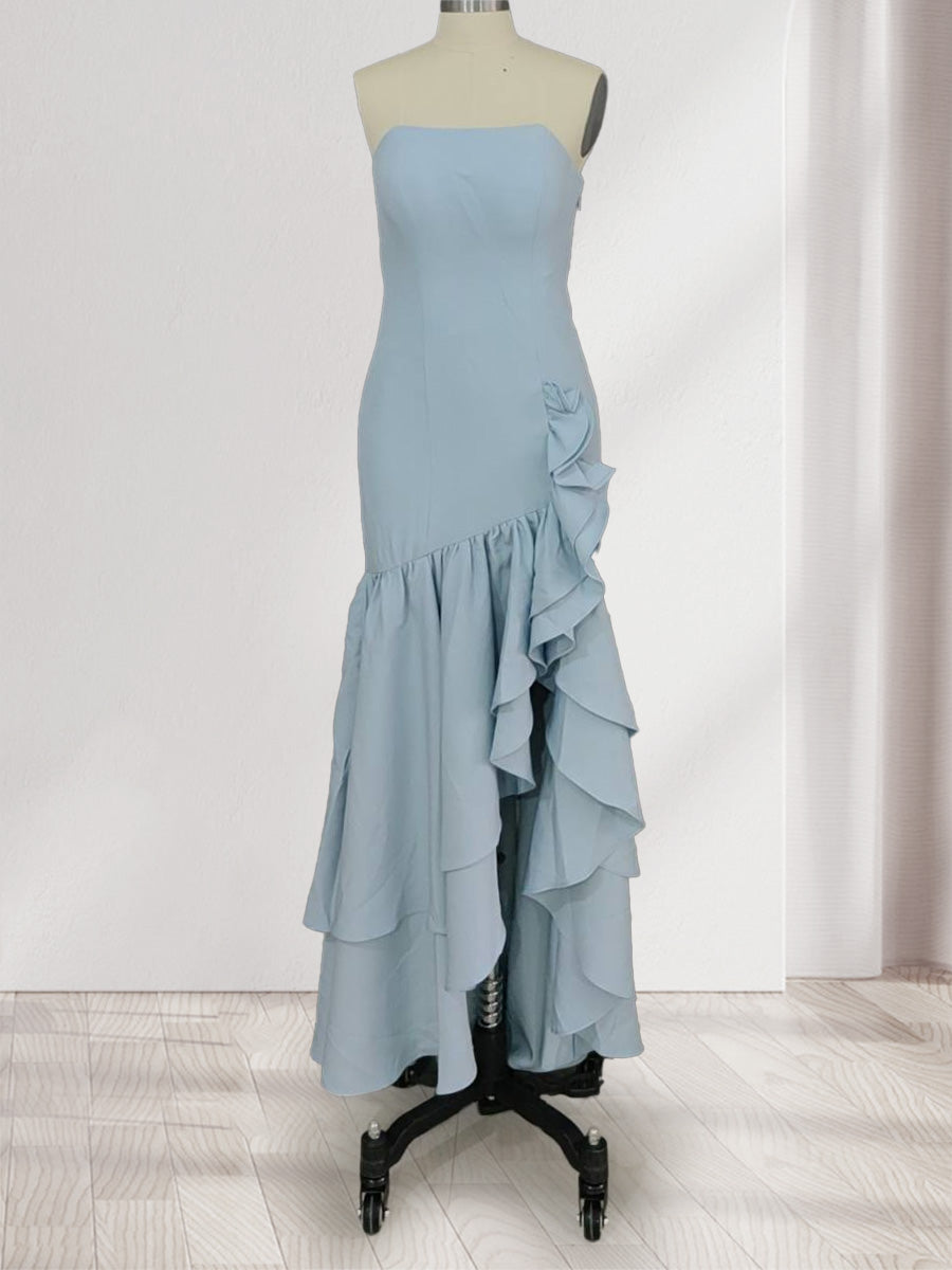 Trumpet/Mermaid Strapless Ruffle Tiered Long Bridesmaid Dresses with Split Side