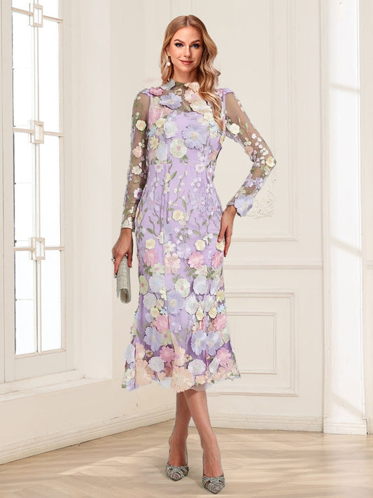 Sheath/Column High Neck Tea-Length Long Sleeves Floral Mother of the Bride Dresses with Appliques