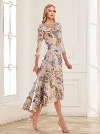 A-Line/Princess V-Neck 3/4 Sleeves Printed Floral Asymmetrical Mother of the Bride Dresses