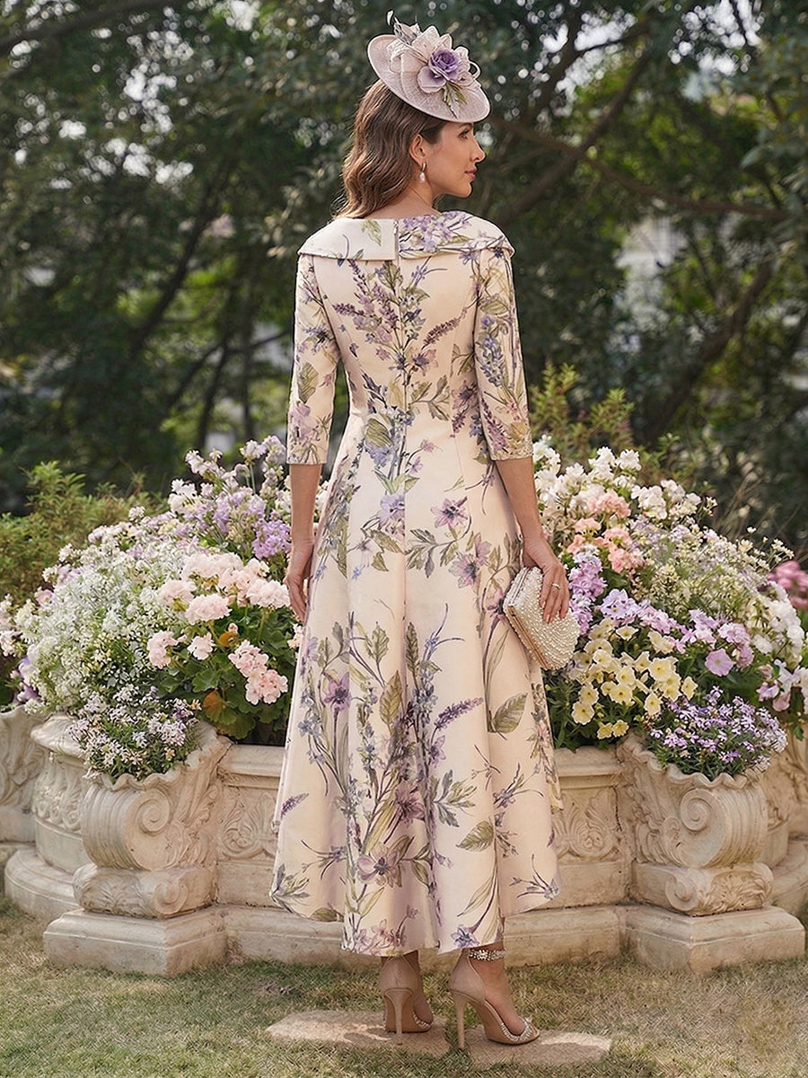 A-Line/Princess V-Neck 3/4 Sleeves Printed Floral Asymmetrical Mother of the Bride Dresses