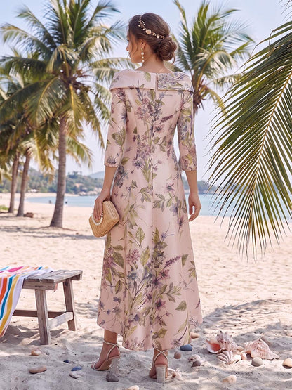 A-Line/Princess V-Neck 3/4 Sleeves Asymmetrical Printed Floral Mother of the Bride Dresses