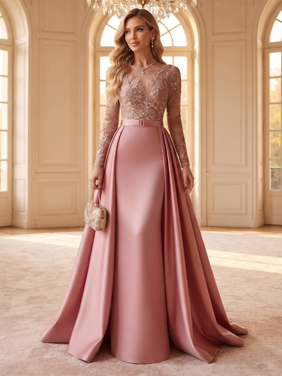 A-Line/Princess Scoop Long Sleeves Satin Floor-Length Formal Dresses with Appliques & Pleats
