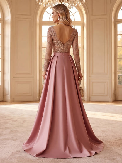 A-Line/Princess Scoop Long Sleeves Satin Floor-Length Formal Dresses with Appliques & Pleats