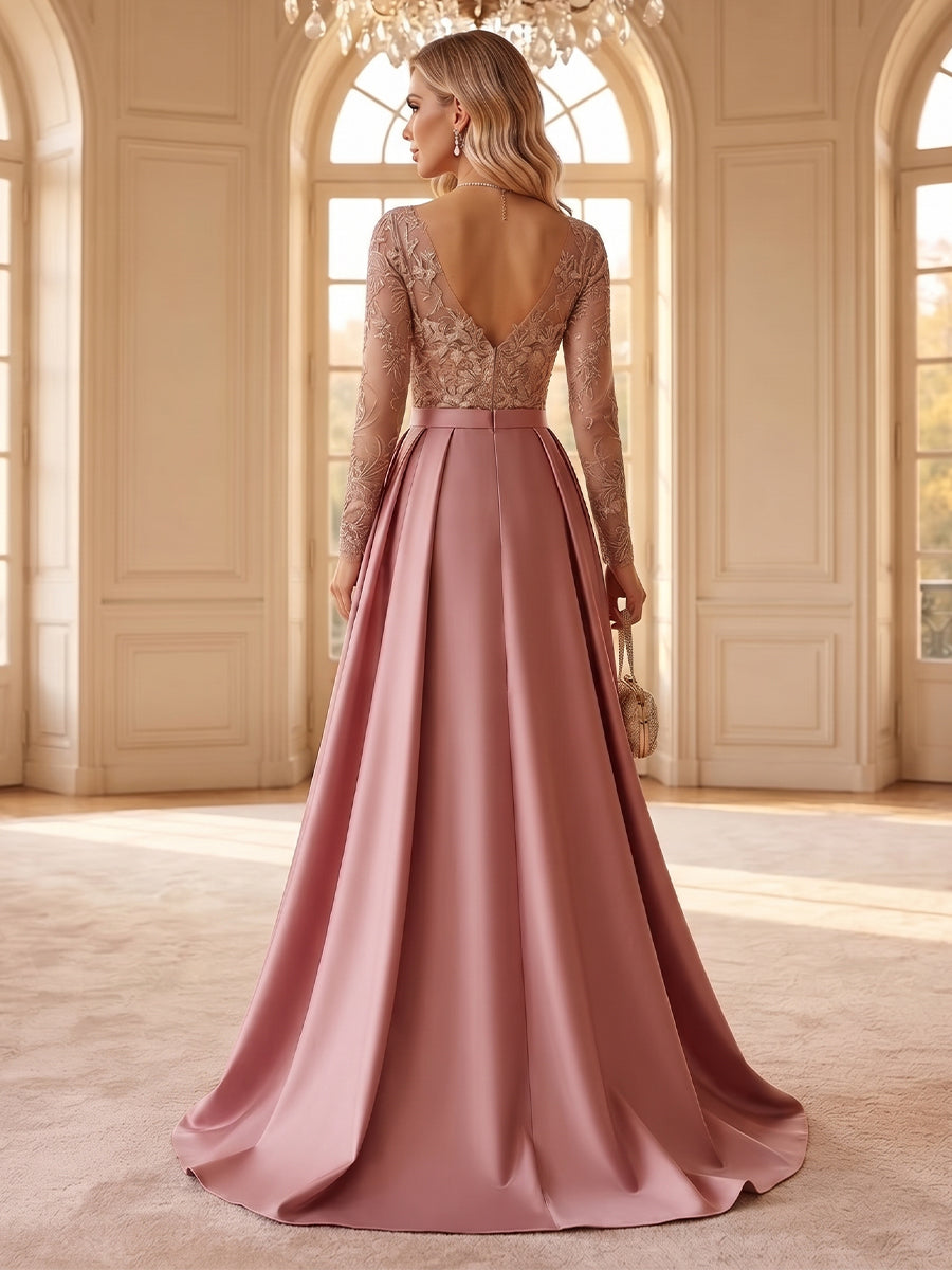 A-Line/Princess Scoop Long Sleeves Satin Floor-Length Formal Dresses with Appliques & Pleats