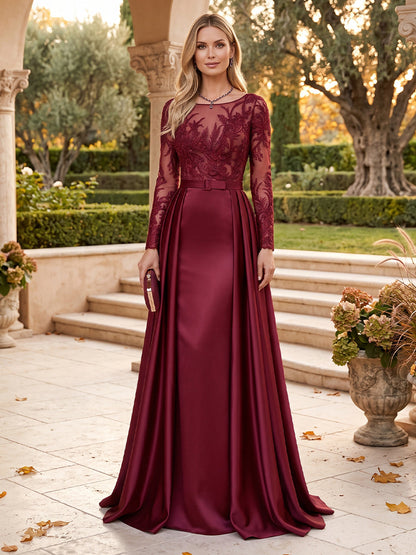 A-Line/Princess Scoop Long Sleeves Floor-Length Pleated Mother of the Bride Dresses with Appliques & Blet