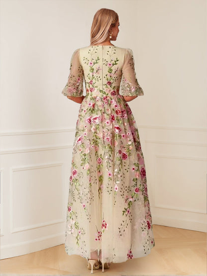 A-Line/Princess V-Neck Half Sleeves Floor-Length Floral Mother of the Bride Dresses