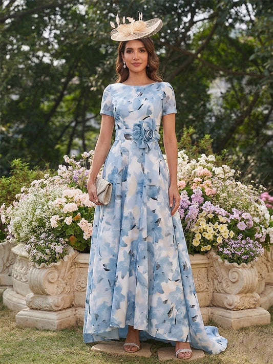 A-Line/Princess Scoop Short Sleeves Printed Floral Mother of the Bride Dresses with Pockets